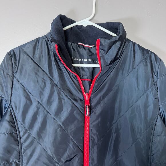 ✨Tommy Hilfiger Quilted Jacket Women Medium Navy Blue Red Trim Lightweight Coat - Picture 3 of 9